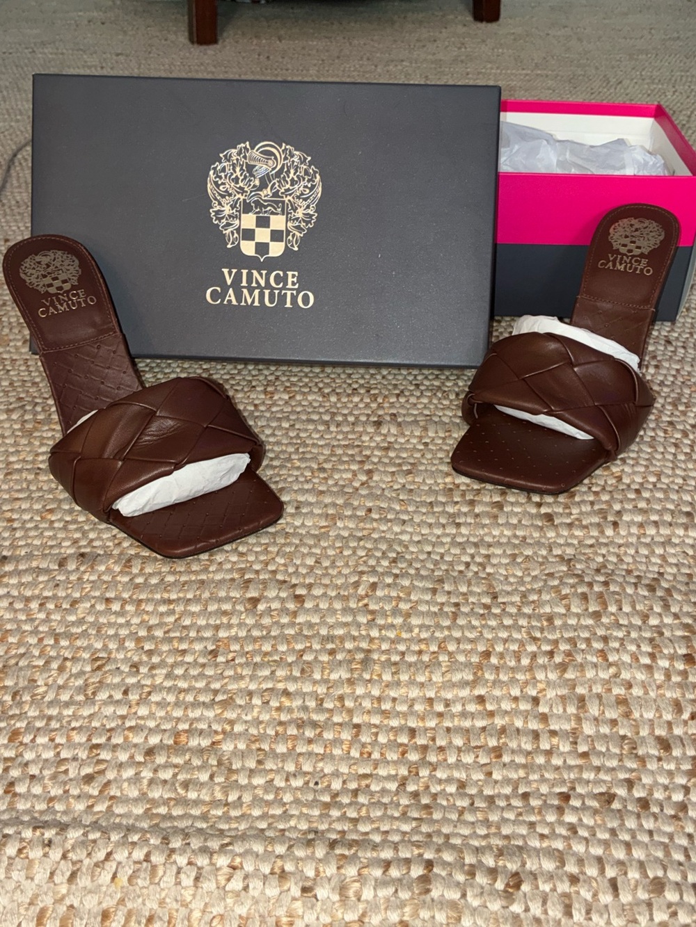 NWT Vince Camuto Brown Leather Slide Heels Size 8 Square Toe Designer Sandals - Picture 12 of 13